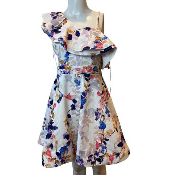 A.PEACH Womens Floral One Shoulder Mini Dress CD20468 White Blue Size Small - Picture 1 of 9